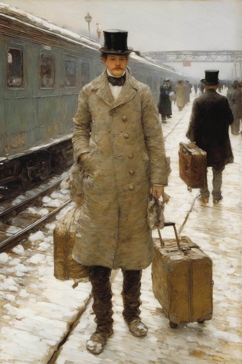 00594-716412624-Jules Bastien-Lepage Style - Childe Hassam, champagne,soft,sunny and gentle, train station snow Carrying a luggage bag.png